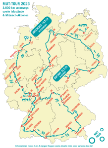 Die Strecke der MUT-TOUR 2023 - 3.800 km in 11 Tandem- bzw. 2 Wander-Etappen